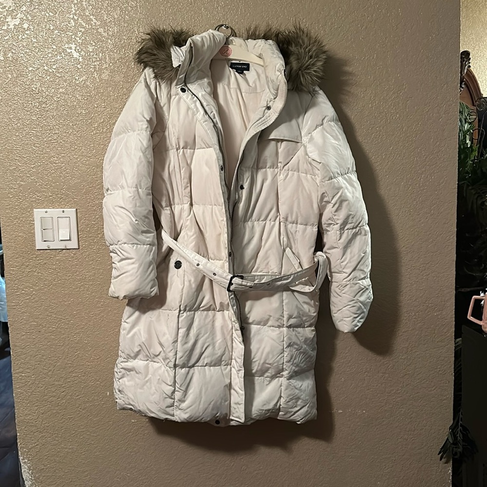 Lands end long white coat with hooded fur 1X